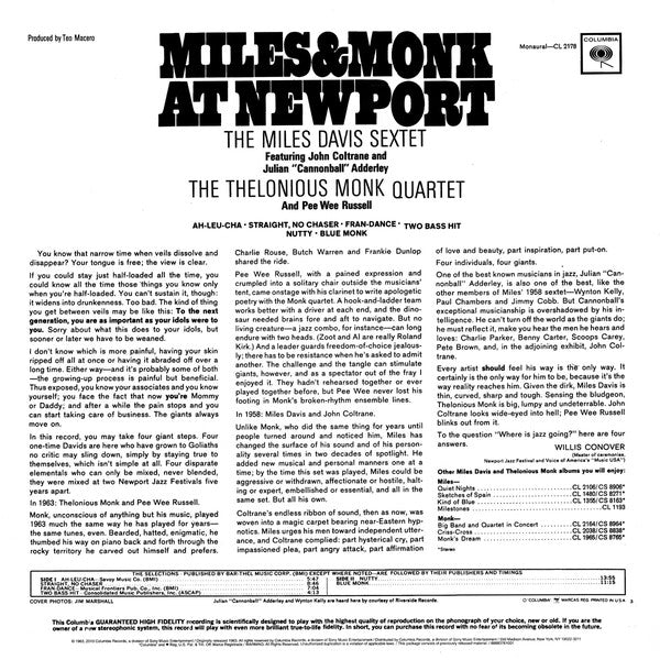 The Miles Davis Sextet & The Thelonious Monk Quartet : Miles & Monk At Newport (LP, Album, Mono, RE)