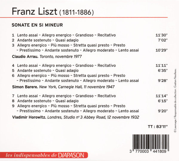 Franz Liszt, Claudio Arrau, Simon Barere, Vladimir Horowitz : Sonate En Si Mineur (CD, Comp, RE, RM)