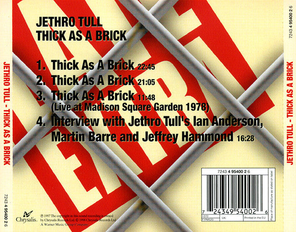 Jethro Tull : Thick As A Brick (CD, Album, RE, RM)